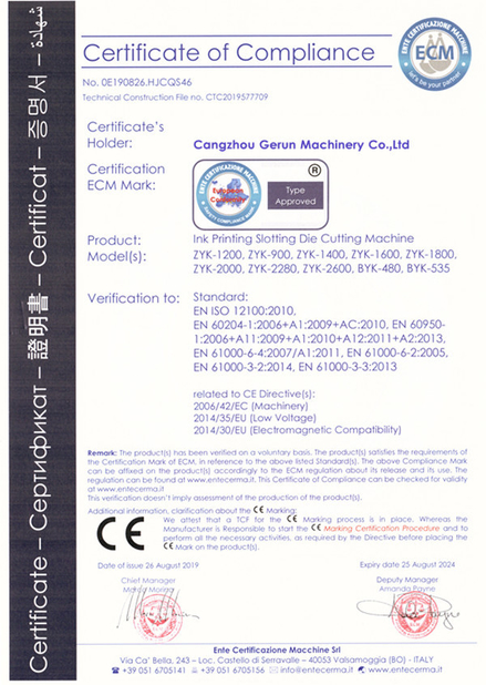 Porcelana Cangzhou Gerun Machinery Co.,Ltd certificaciones